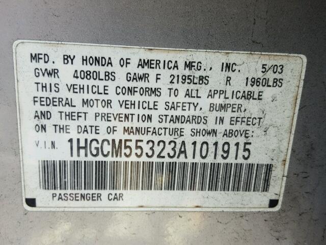 1HGCM55323A101915 - 2003 HONDA ACCORD LX SILVER photo 10