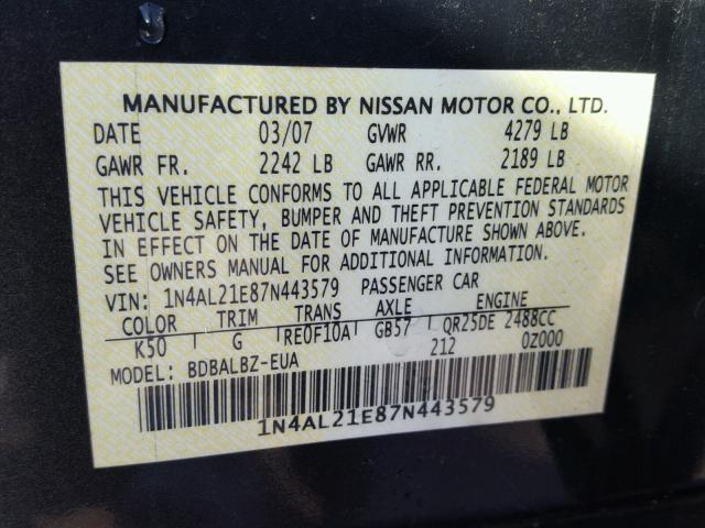 1N4AL21E87N443579 - 2007 NISSAN ALTIMA 2.5 GRAY photo 10