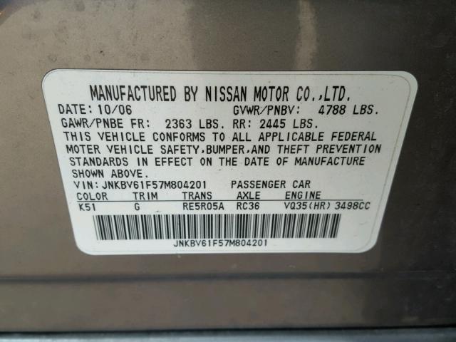 JNKBV61F57M804201 - 2007 INFINITI G35 GRAY photo 10