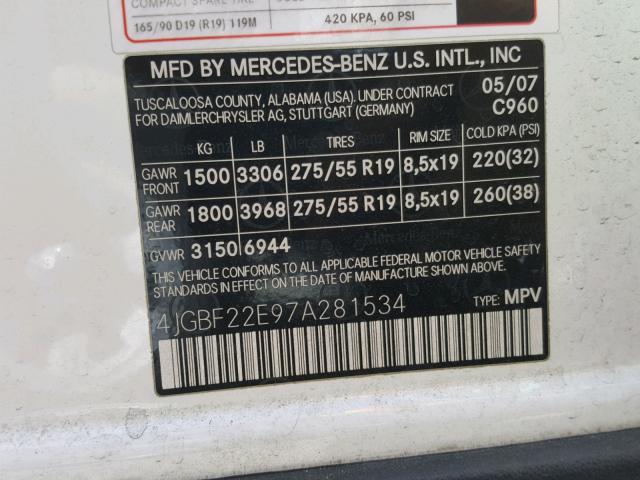 4JGBF22E97A281534 - 2007 MERCEDES-BENZ GL 320 CDI WHITE photo 10