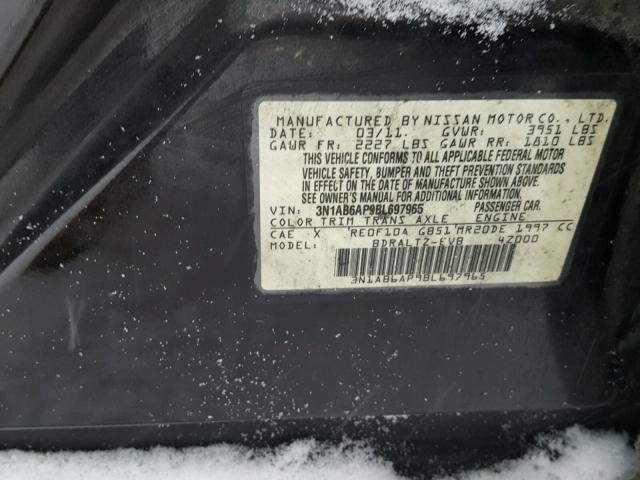 3N1AB6AP9BL697965 - 2011 NISSAN SENTRA 2.0 BLACK photo 10