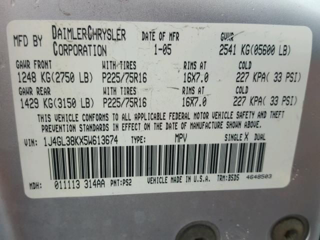 1J4GL38KX5W613674 - 2005 JEEP LIBERTY RE SILVER photo 10