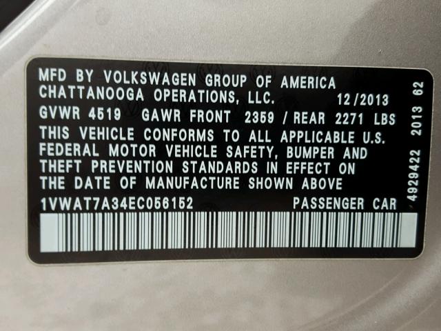 1VWAT7A34EC056152 - 2014 VOLKSWAGEN PASSAT S GRAY photo 10