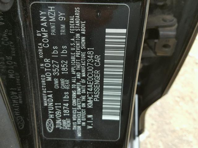 KMHCT4AE0CU073481 - 2012 HYUNDAI ACCENT GLS BLACK photo 10