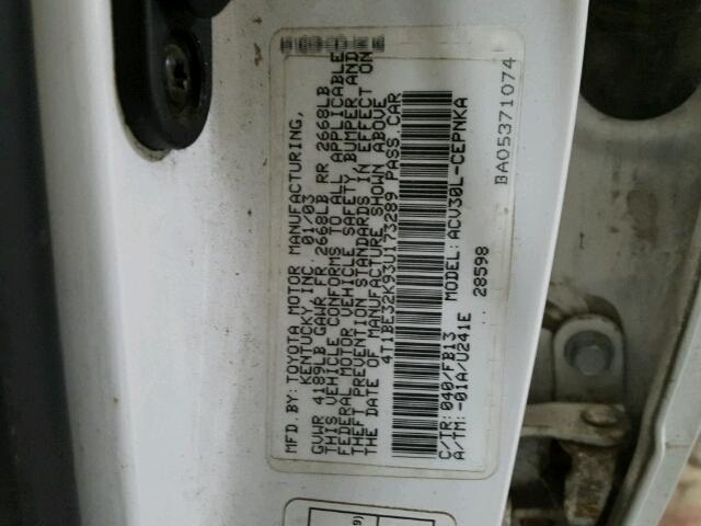 4T1BE32K93U173289 - 2003 TOYOTA CAMRY LE თეთრი ფოტო 10