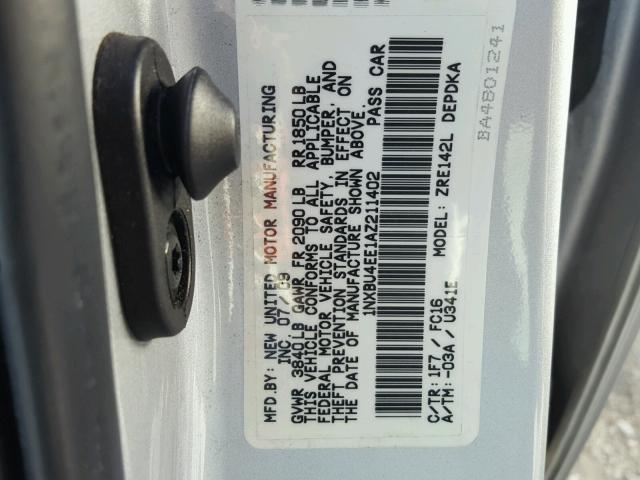 1NXBU4EE1AZ211402 - 2010 TOYOTA COROLLA BA SILVER photo 10