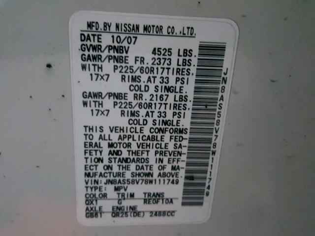 JN8AS58V78W111749 - 2008 NISSAN ROGUE S WHITE photo 10