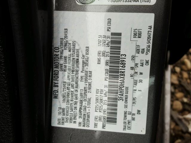 3FAHP0HAXBR168913 - 2011 FORD FUSION SE GRAY photo 10