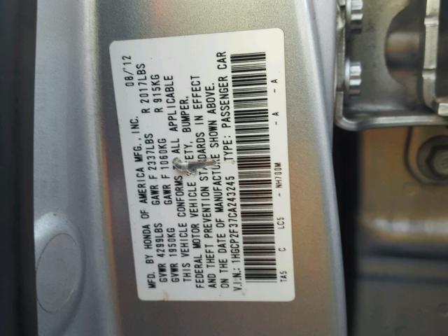 1HGCP2F37CA243245 - 2012 HONDA ACCORD LX SILVER photo 10