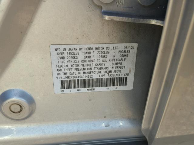 JHMCN364X5C014552 - 2005 HONDA ACCORD HYB SILVER photo 10