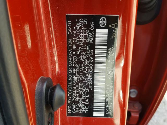 JTDKN3DU2A0169155 - 2010 TOYOTA PRIUS RED photo 10