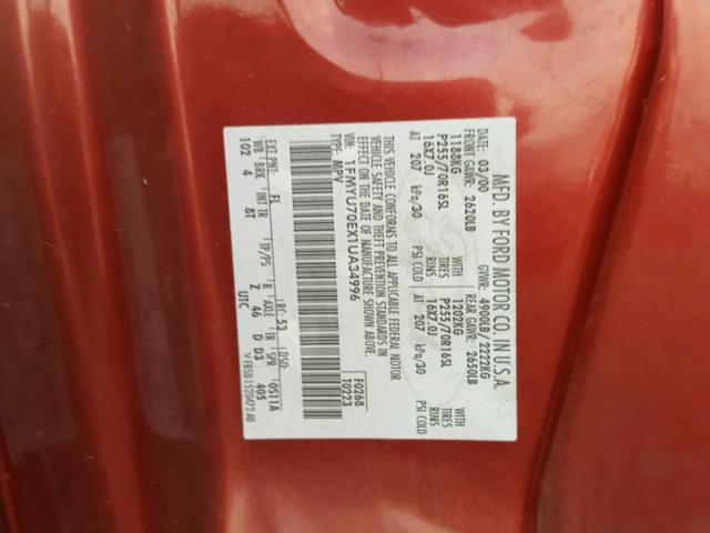 1FMYU70EX1UA34996 - 2001 FORD EXPLORER S RED photo 10