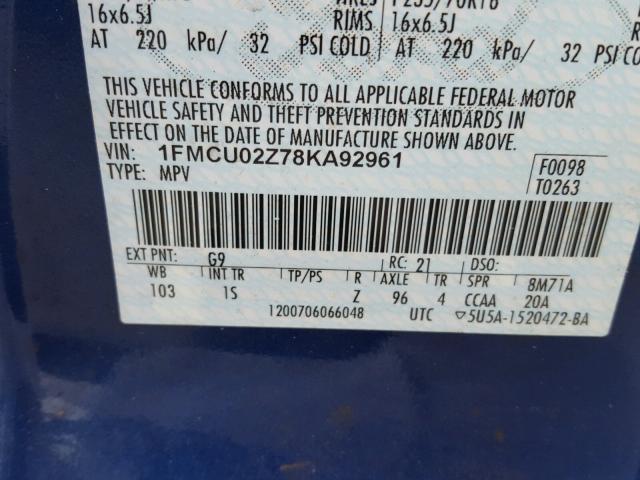 1FMCU02Z78KA92961 - 2008 FORD ESCAPE XLS BLUE photo 10