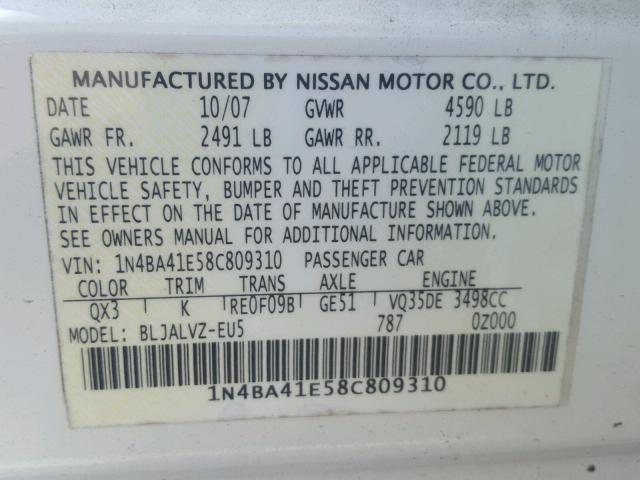 1N4BA41E58C809310 - 2008 NISSAN MAXIMA SE WHITE photo 10