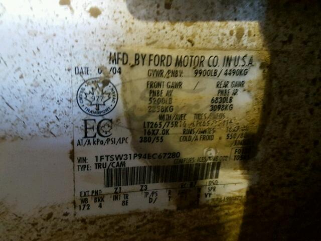 1FTSW31P94EC67280 - 2004 FORD F350 SRW S WHITE photo 10