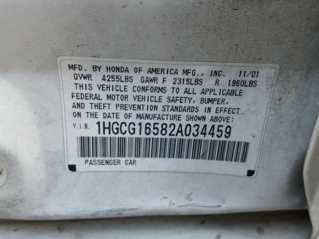 1HGCG16582A034459 - 2002 HONDA ACCORD EX WHITE photo 10