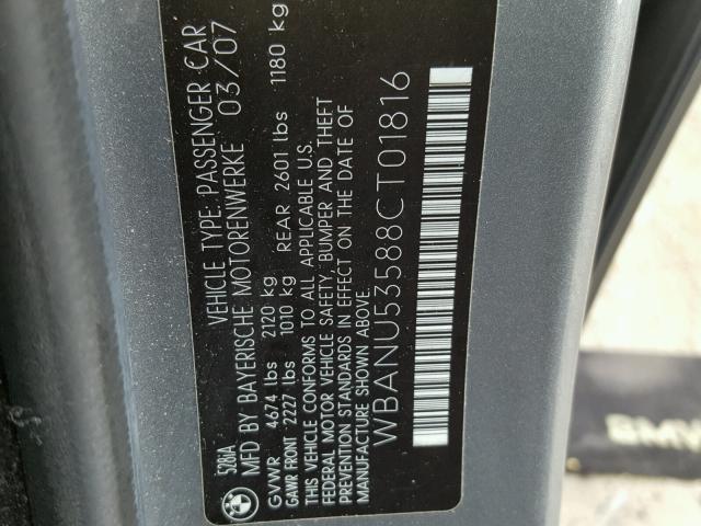 WBANU53588CT01816 - 2008 BMW 528 I GRAY photo 10