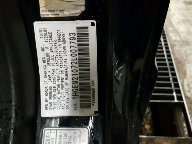1HGEM21072L007793 - 2002 HONDA CIVIC EX შავი ფოტო 10
