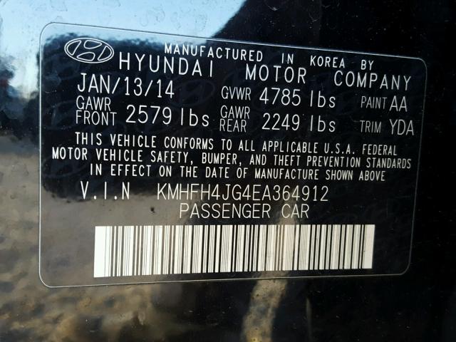 KMHFH4JG4EA364912 - 2014 HYUNDAI AZERA GLS BLACK photo 10