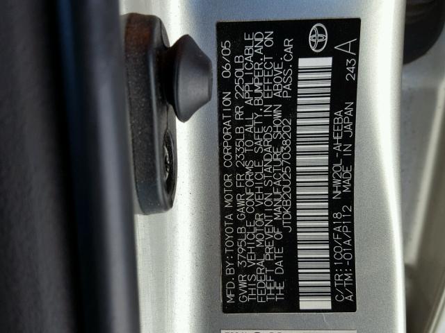 JTDKB20U257038202 - 2005 TOYOTA PRIUS SILVER photo 10