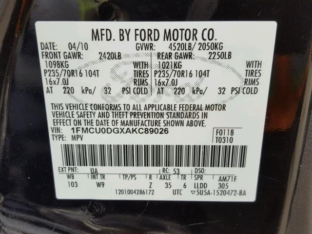 1FMCU0DGXAKC89026 - 2010 FORD ESCAPE XLT BLACK photo 10