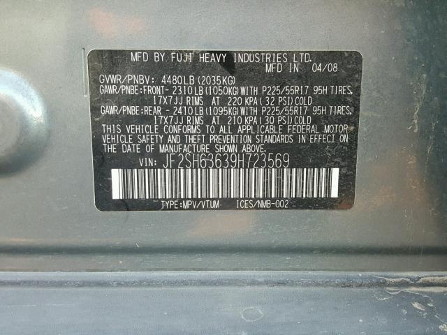 JF2SH63639H723569 - 2009 SUBARU FORESTER 2 GREEN photo 10