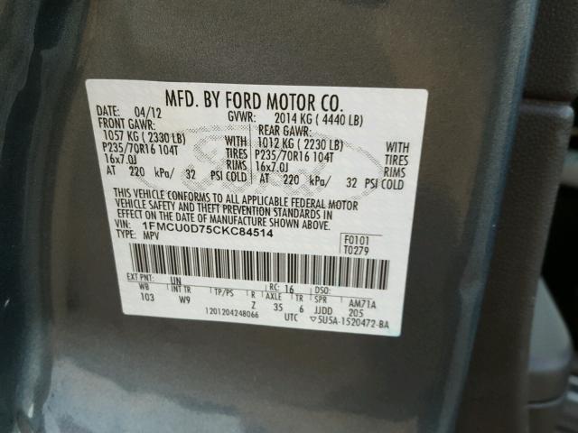 1FMCU0D75CKC84514 - 2012 FORD ESCAPE XLT TEAL photo 10