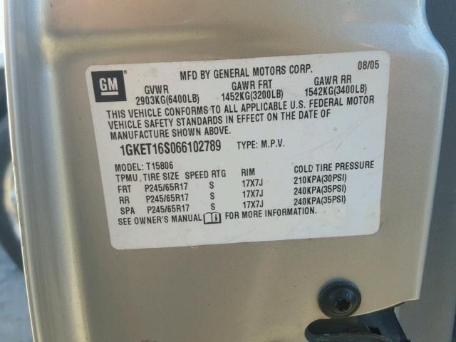 1GKET16S066102789 - 2006 GMC ENVOY XL GRAY photo 10