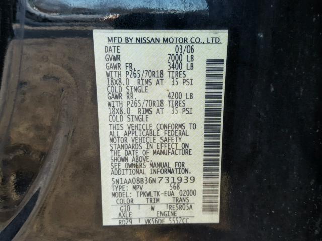 5N1AA08B36N731939 - 2006 NISSAN ARMADA SE BLACK photo 10