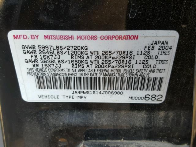 JA4MW51S14J006980 - 2004 MITSUBISHI MONTERO LI BLACK photo 10