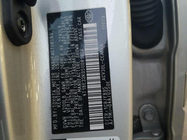 4T1BE32K05U081670 - 2005 TOYOTA CAMRY LE SILVER photo 10