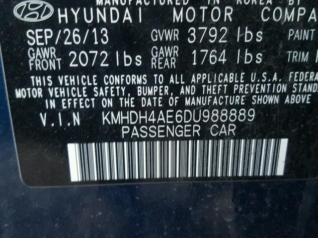 KMHDH4AE6DU988889 - 2013 HYUNDAI ELANTRA GL BLUE photo 10