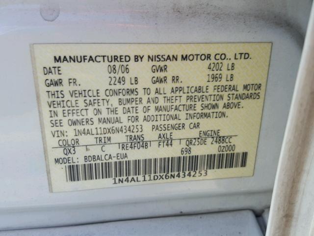 1N4AL11DX6N434253 - 2006 NISSAN ALTIMA S WHITE photo 10