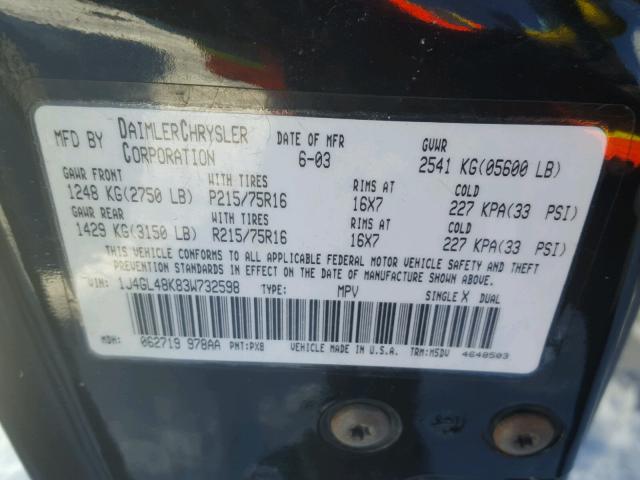 1J4GL48K83W732598 - 2003 JEEP LIBERTY SP BLACK photo 10