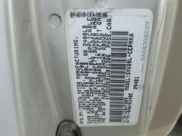 4T1BG22K81U031386 - 2001 TOYOTA CAMRY CE GRAY photo 10