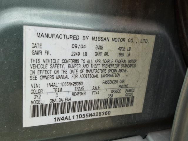 1N4AL11D55N428360 - 2005 NISSAN ALTIMA S GREEN photo 10