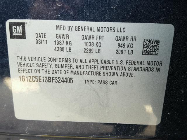 1G1ZC5E13BF324405 - 2011 CHEVROLET MALIBU 1LT BLUE photo 10