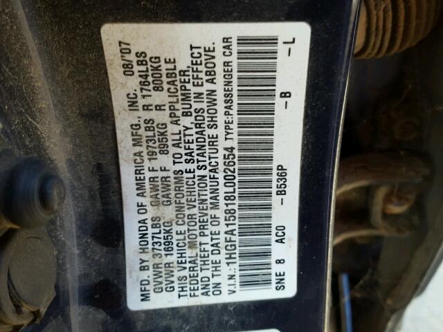 1HGFA15818L002654 - 2008 HONDA CIVIC EX BLUE photo 10