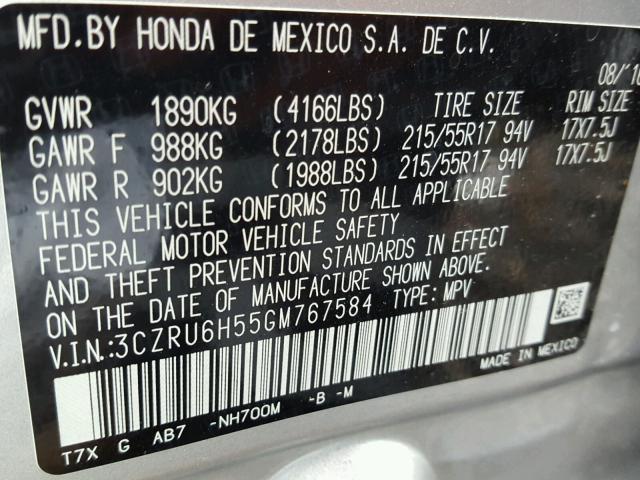 3CZRU6H55GM767584 - 2016 HONDA HR-V EX SILVER photo 10