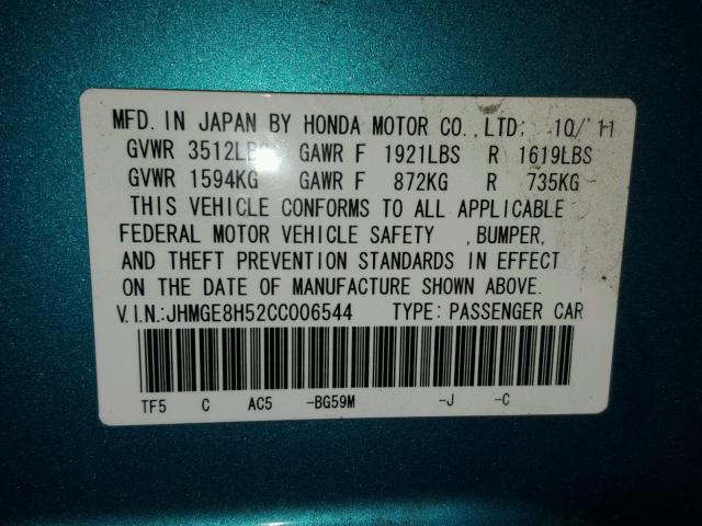 JHMGE8H52CC006544 - 2012 HONDA FIT SPORT TURQUOISE photo 10