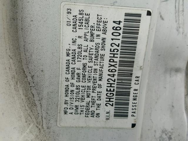 2HGEH246XPH521064 - 1993 HONDA CIVIC DX WHITE photo 10