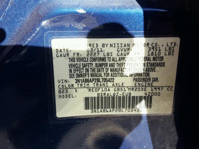 3N1AB6AP2BL705422 - 2011 NISSAN SENTRA 2.0 BLUE photo 10