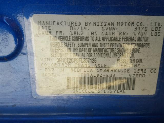 3N1CE2CP5FL357126 - 2015 NISSAN VERSA NOTE BLUE photo 10