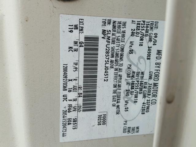 5LMFU28575LJ04512 - 2005 LINCOLN NAVIGATOR WHITE photo 10