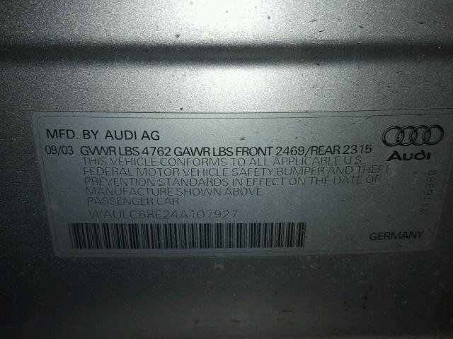 WAULC68E24A107927 - 2004 AUDI A4 1.8T QU SILVER photo 10