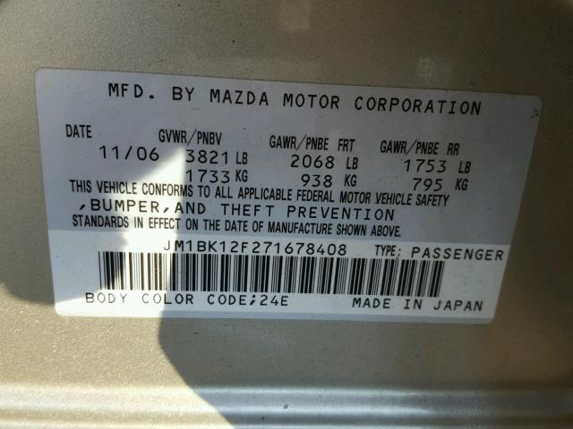 JM1BK12F271678408 - 2007 MAZDA 3 I SILVER photo 10