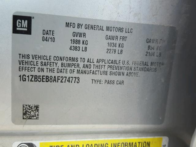 1G1ZB5EB8AF274773 - 2010 CHEVROLET MALIBU LS SILVER photo 10