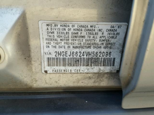 2HGEJ6624VH562096 - 1997 HONDA CIVIC DX SILVER photo 10