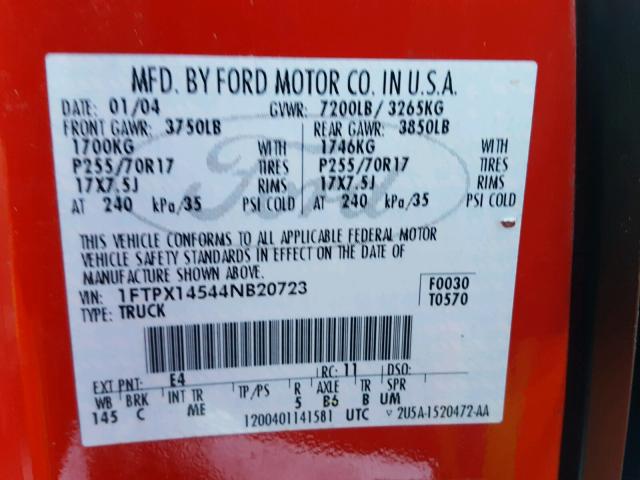 1FTPX14544NB20723 - 2004 FORD F150 RED photo 10