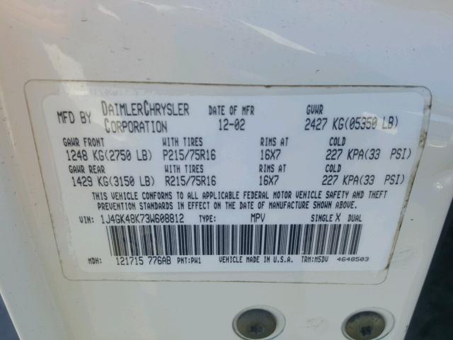 1J4GK48K73W608812 - 2003 JEEP LIBERTY SP WHITE photo 10